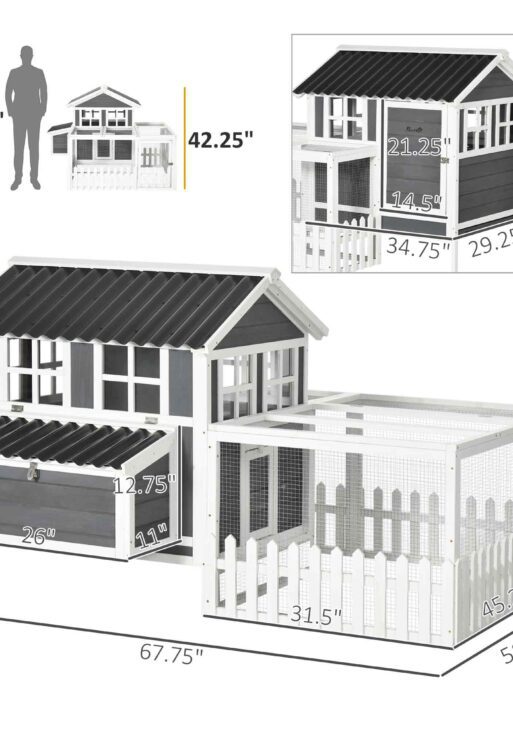 Wooden Chicken Coop with Run for 1-2 Chickens, 68" x 59" x 42"