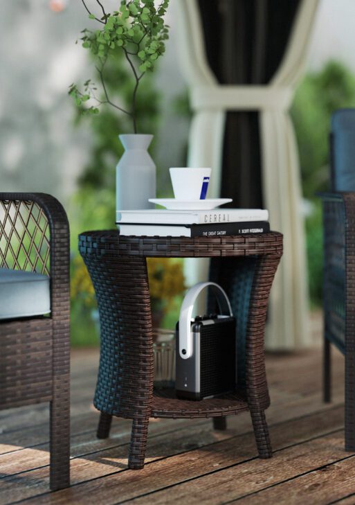 18" Wicker Outdoor Coffee Table, PE Rattan Patio Side Table with 2-Tier Storage, Composite Wood Top, Mixed Brown