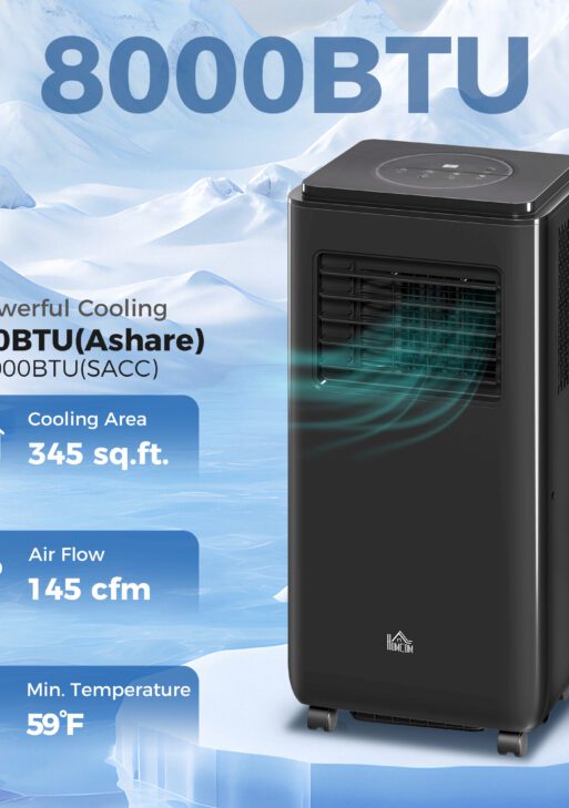 8,000 BTU Moible Air Conditioner 345 Sq. Ft., Dehumidifier Fan Auto Sleep with 24H Timer On/Off, Window Kit, Black
