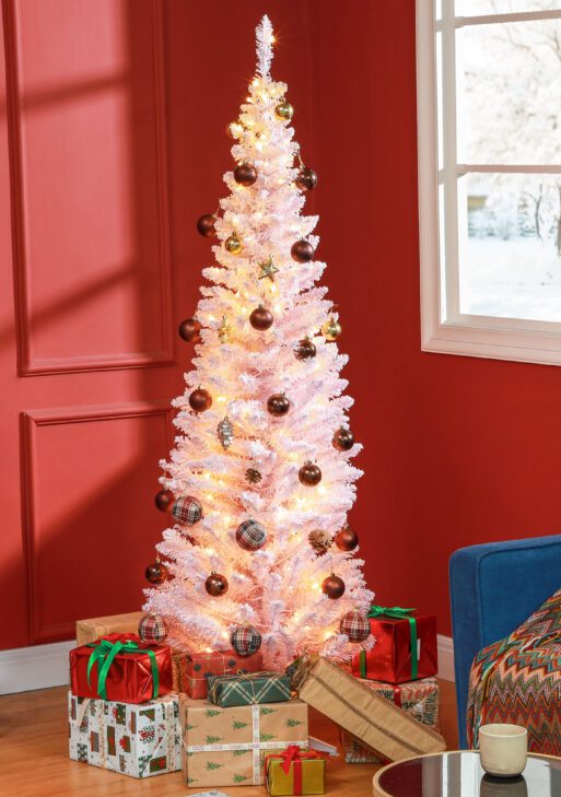 6ft Pencil Christmas Tree, Slim Artificial Christmas Tree with Realistic Branches and Warm White LED Lights, Pink