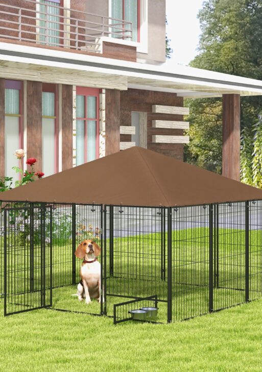 6.9' x 6.9' x 5' Outdoor Dog Kennel with Canopy Garden Playpen Fence Crate Enclosure Cage Rotating Bowl, Coffee