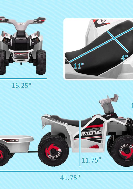 6V Electric Toy Car with Back Trailer, Forward Backward, Wear-Resistant Wheels for Ages 18-36 Months, White