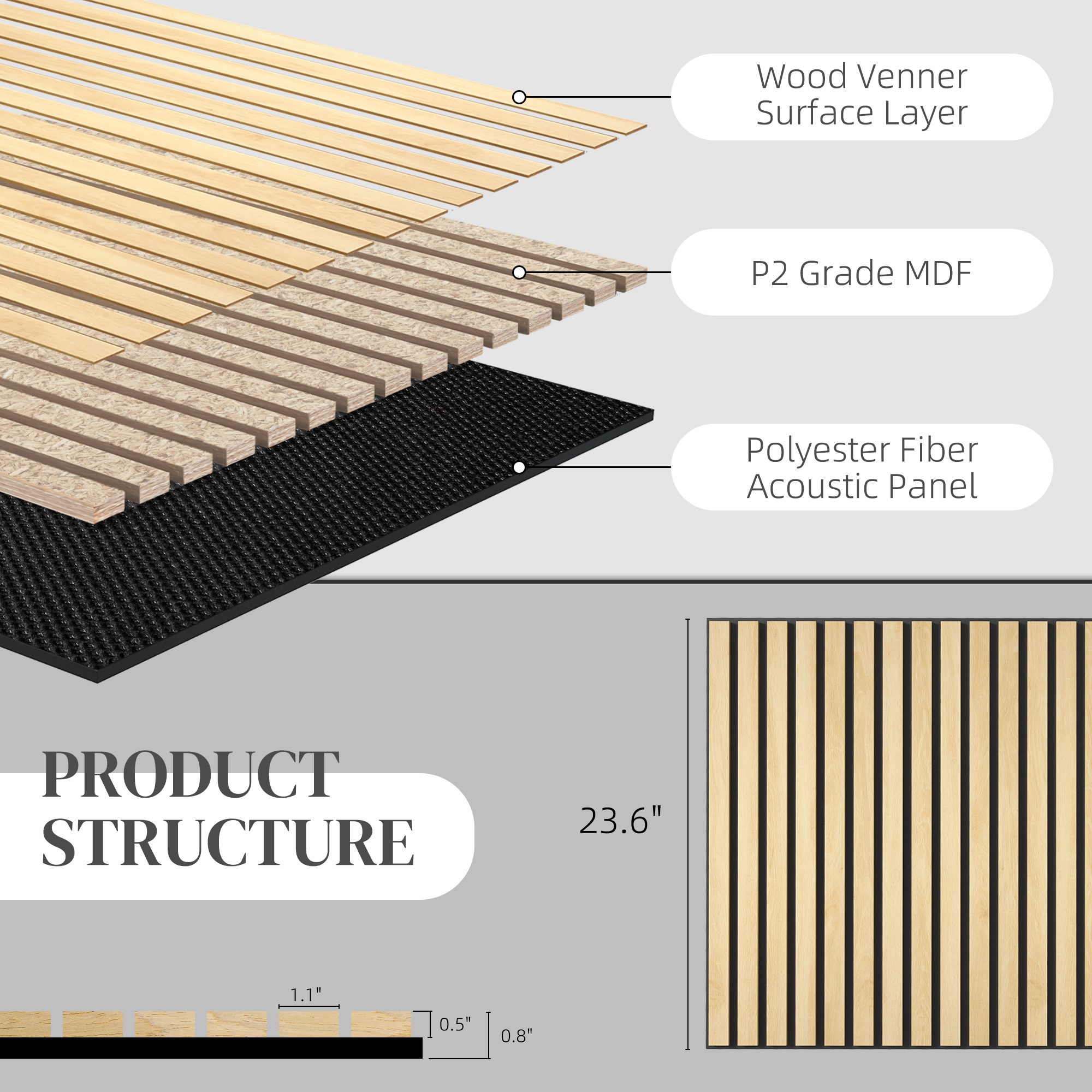 24" x 24" Wood Panels for Wall, 4 Pack Acoustic Panels, Sound Absorbing Slat Wall for Wall Decor, Home, Oak - Image 3
