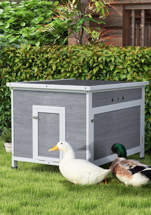 Wooden Duck Coop with Openable Roof, Removable Floor, Double Doors, Ramp, for 3-6 Ducks, Chickens, 30" x 38" x 30"