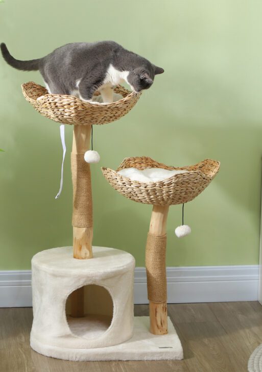 37 Inch Modern Cat Tree w/ Wooden Scratching Posts, Condo, Beds, Cushions, Toy Balls & Anti-Tip Kit