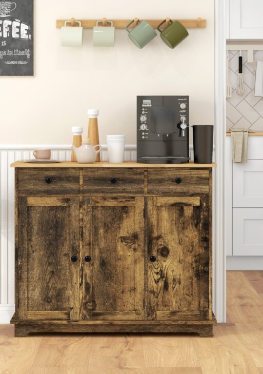 Kitchen Storage Cabinet, Sideboard Floor Cupboard with Solid Wood Top, Adjustable Shelf, and 3 Drawers, Brown