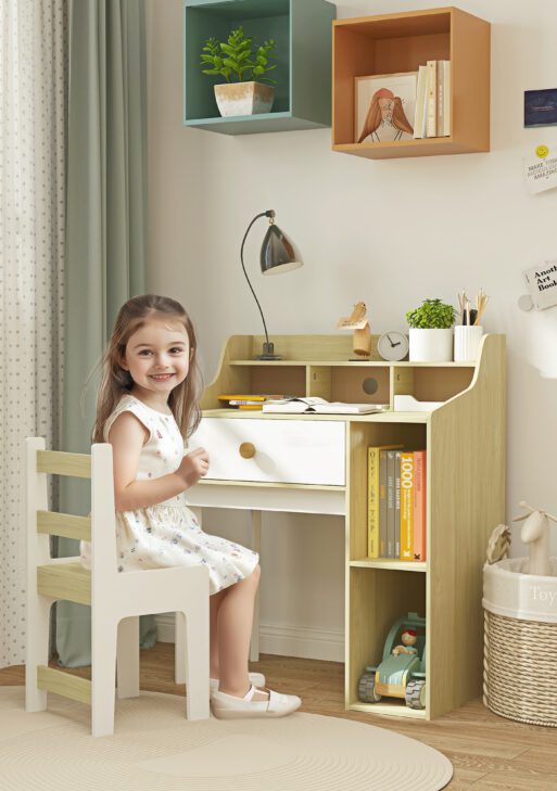 Kids Desk and Chair Set with Storage Shelves, Drawer for 3-10 Years, White