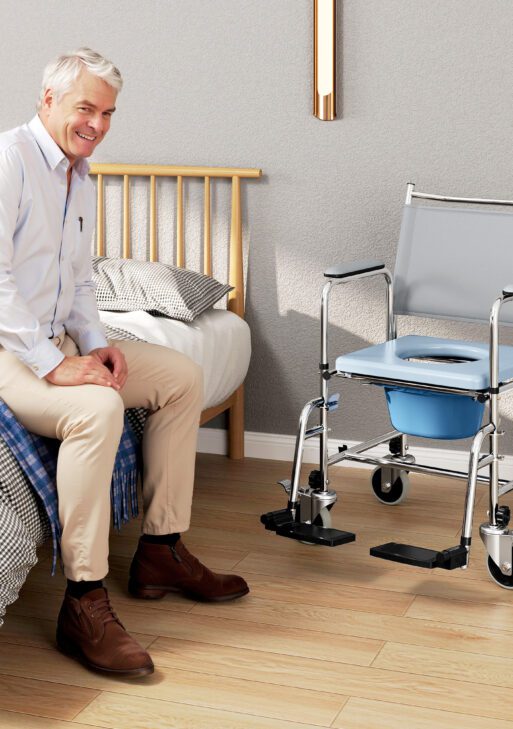 Rolling Shower Chair, Bedside Commode Wheelchair with Padded Seat, Backrest, for Seniors, Disabled, 300 lbs, Gray