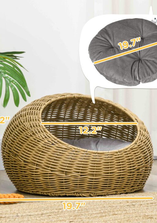 Rattan Cat Bed with Washable Cushion for Cats, Puppies, Light Brown