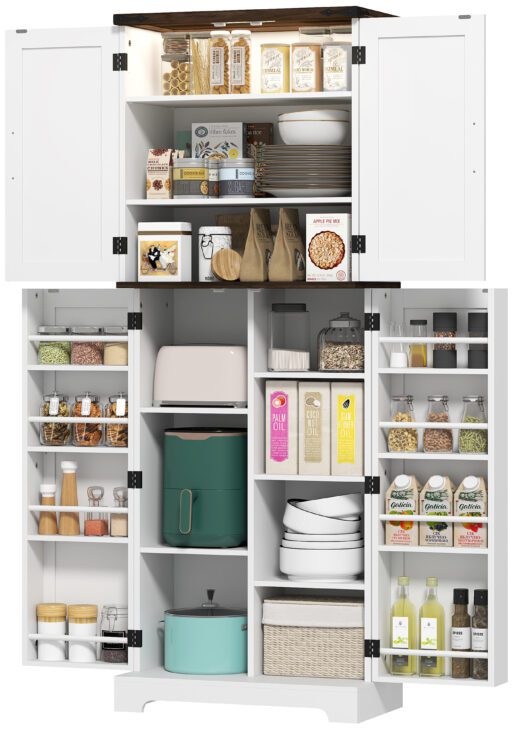 64" Tall Kitchen Pantry Cabinet with Motion Sensor Light, Spice Racks and Adjustable Shelves, White