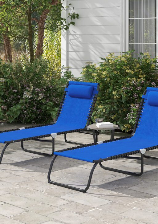 2 Folding Chaise Lounge Pool Chairs with 4-Position Reclining Back, Pillow, Breathable Mesh & Bungee Seat, Blue