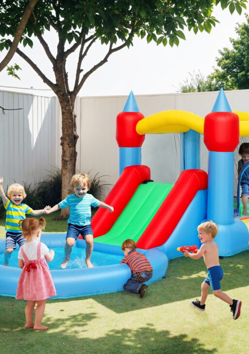 4 in 1 Inflatable Bounce House with Slide, Basketball Hoop, Ball Pit, 370W Blower, Storage Bag, 163" x 81" x 75"