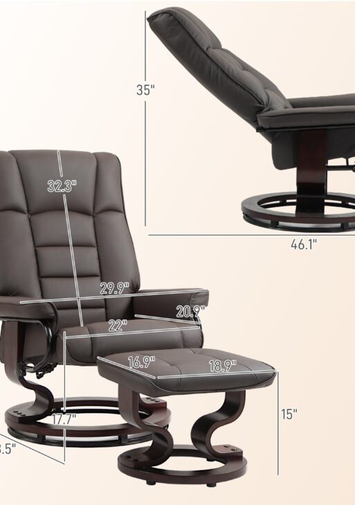 Faux Leather Recliner with Ottoman, Swivel Recliner Chair and Ottoman with High Back and Wood Base, Brown