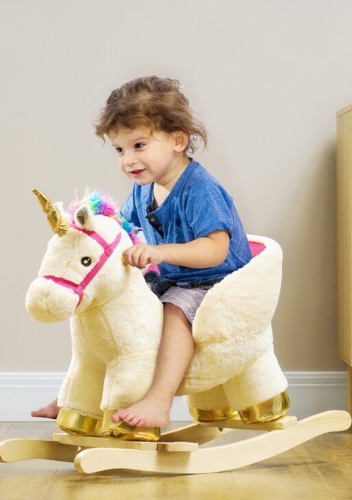Kids Rocking Horse, Unicorn with Realistic Sound, Safety Belt & Wooden Base for 18-36 Months