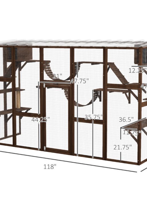 Large Outdoor Cat Enclosure for Multiple Cats with Shelves & Bridges, Coffee Brown