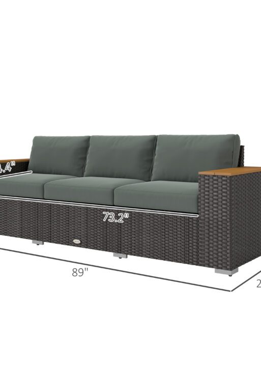 3-Seat Outdoor Patio Sofa, PE Wicker Outdoor Couch with Extra Wide Deep Seat, Wide Armrests 4" Cushions, Dark Gray