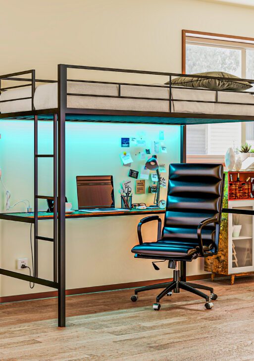 Twin Size Loft Bed with Desk, LED Lights, Charging Station, Twin Metal Loft Bed Frame with Ladder, Black