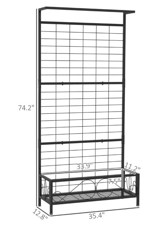 Metal Tall Plant Stand with Trellis and Hanging Bar, Plant Holder for Indoor Outdoor Use, 35" x 12.8" x 74", Black