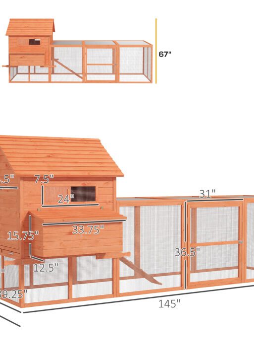145" Wooden Chicken Coop with Run & Inner Hen House Space