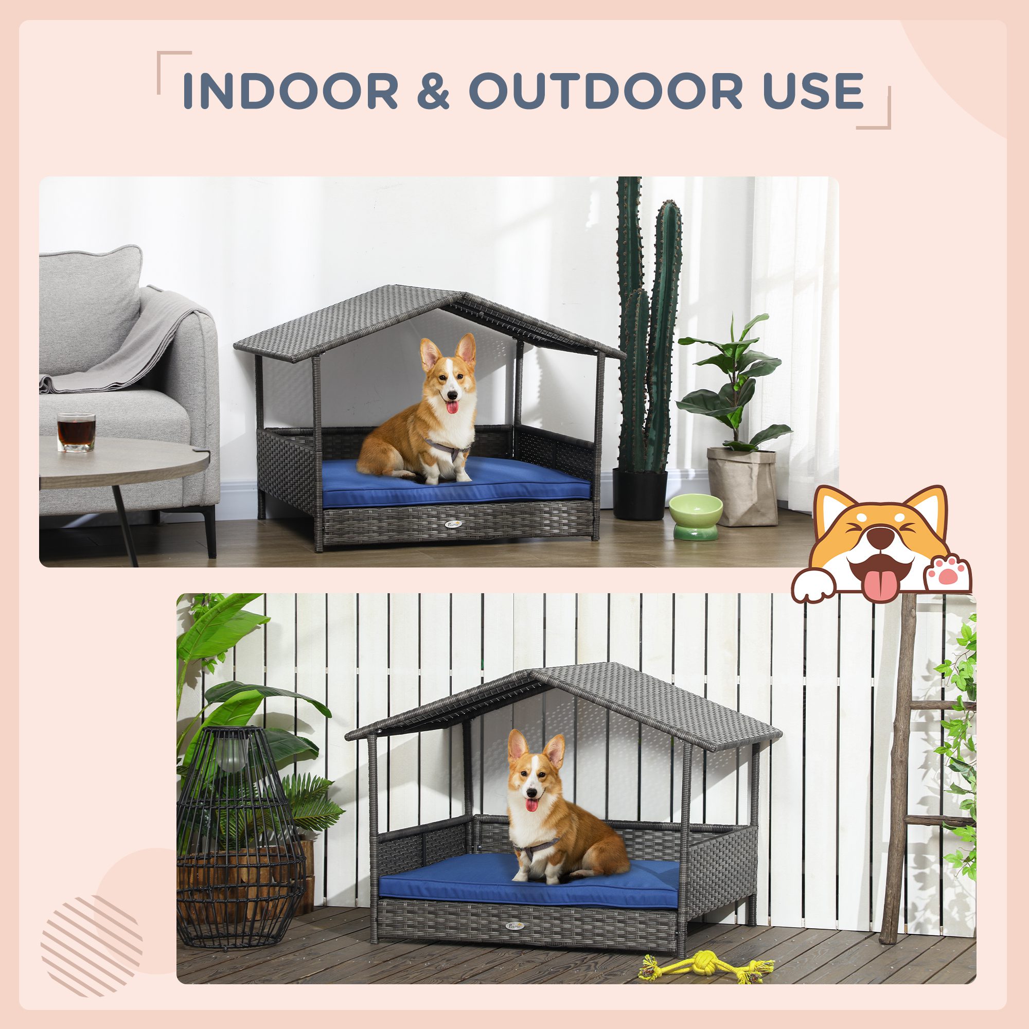 Wicker Dog House with Removable Cushion Lounge, Dark Blue - Image 2