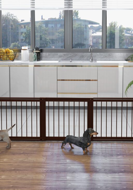 28"-75" Freestanding Wooden Pet Gate with Support Feet & Non-Slip Mats for Indoor, Stairway, Doorway, Brown