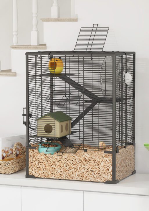 4 Tier Hamster Cage with Deep Tempered Glass Bottom, Running Wheel, Hut, Water Bottle, Food Dish, 24" x 16" x 31.5"