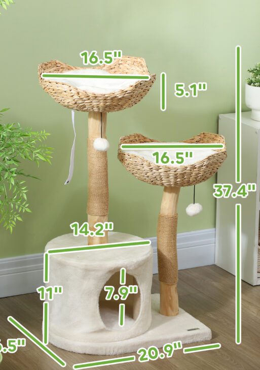 37 Inch Modern Cat Tree w/ Wooden Scratching Posts, Condo, Beds, Cushions, Toy Balls & Anti-Tip Kit