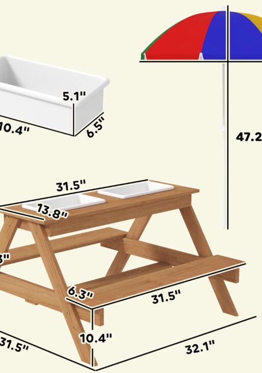 Wooden Outdoor Kids Picnic Table with Removable Umbrella, Children Sand and Water Activity Table for Patio, Mixed Color