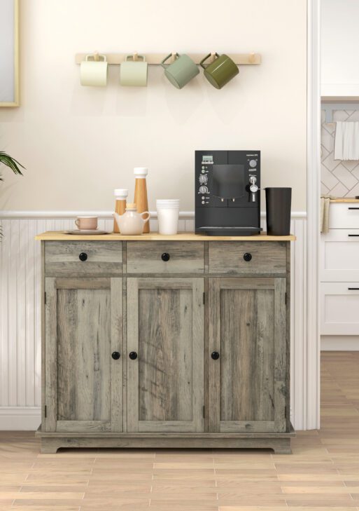 Kitchen Storage Cabinet, Sideboard Floor Cupboard with Solid Wood Top, Adjustable Shelf, and 3 Drawers, Distressed Gray