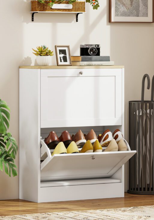 Slim Shoe Storage Cabinet, Modern Shoe Cabinet with 2 Flip Drawers and Adjustable Shelves for 8-12 Pairs, White