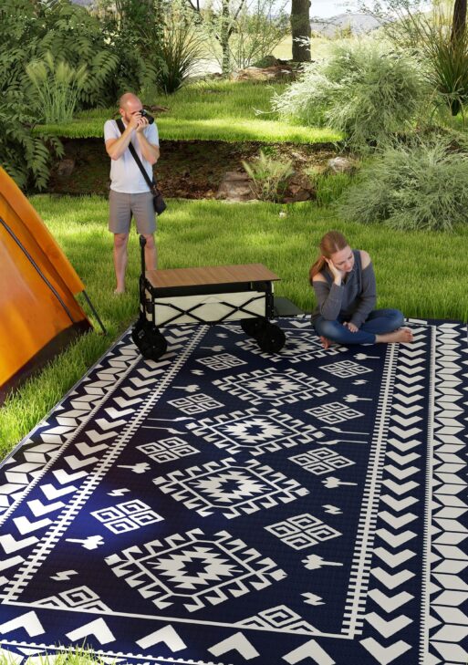 Reversible Outdoor Rug, Waterproof Plastic Straw with Carry Bag, 9' x 18', Blue & White Rhombus Patchwork