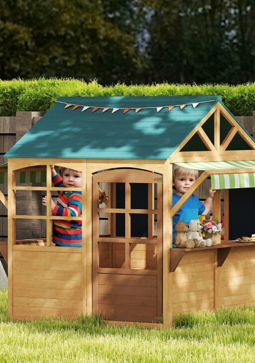 Wooden Outdoor Playhouse, Foldable Kids Cottage with Windows, Working Door, Snack Bars, Waterproof Covers, for 3-8 Years