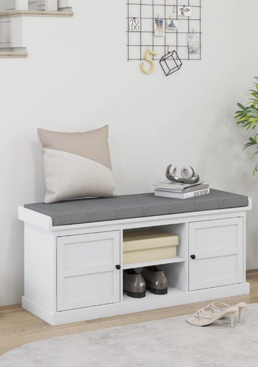 Shoe Storage Bench with Cushioned Seat, Entryway Bench Seat with 2 Cabinets and Adjustable Shelf for Hallway, White