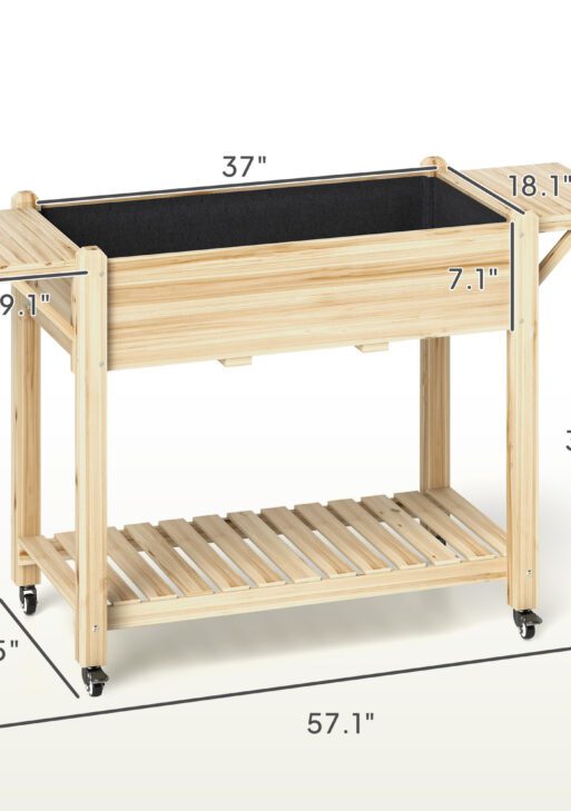 Wood Raised Planter Box, Elevated Garden Bed with Lockable Wheels, Side Tables, Bottom Shelf, Drain Holes, Natural