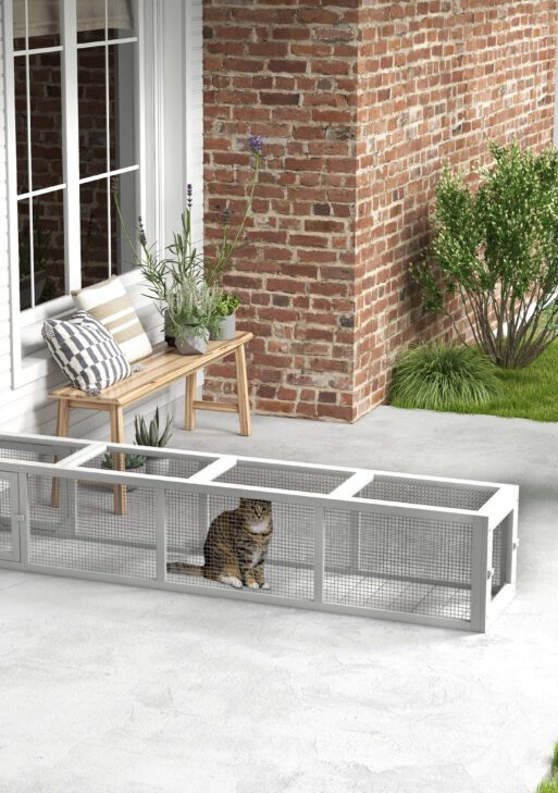 Wooden Cat Run with Weather Protection, Connecting Inside and Outside, 79"L x 15"W x 15"H, White