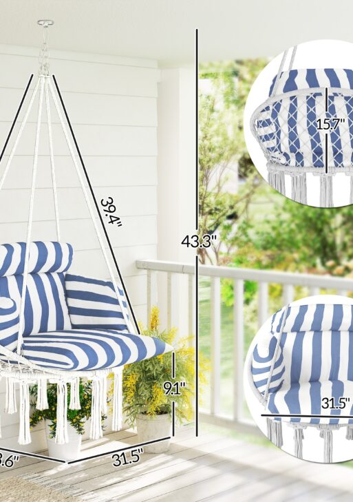 Hammock Swing Chair, Macrame Hanging Chair with Large Cushion, Chain, Steel Frame for Indoor Outdoor Use, Blue and White