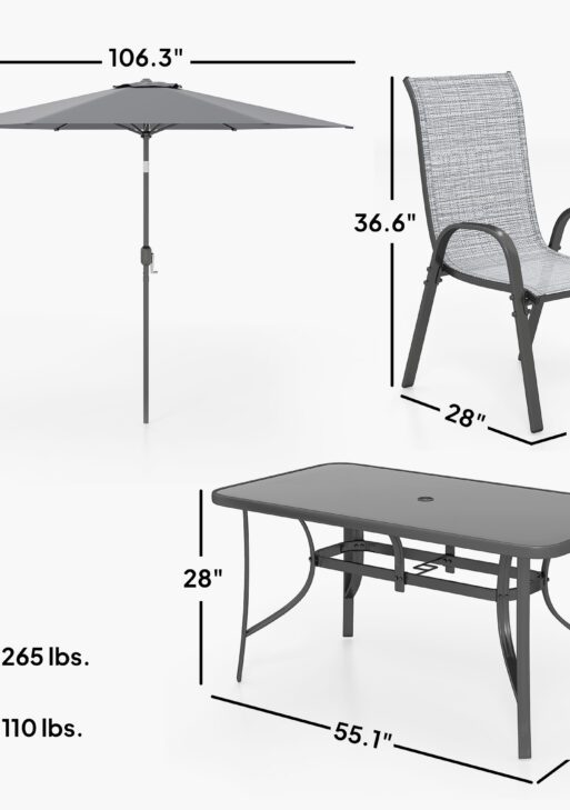 8 Pieces Patio Furniture Set with 9Ft Patio Umbrella, Outdoor Dining Table and Chairs, Mixed Gray