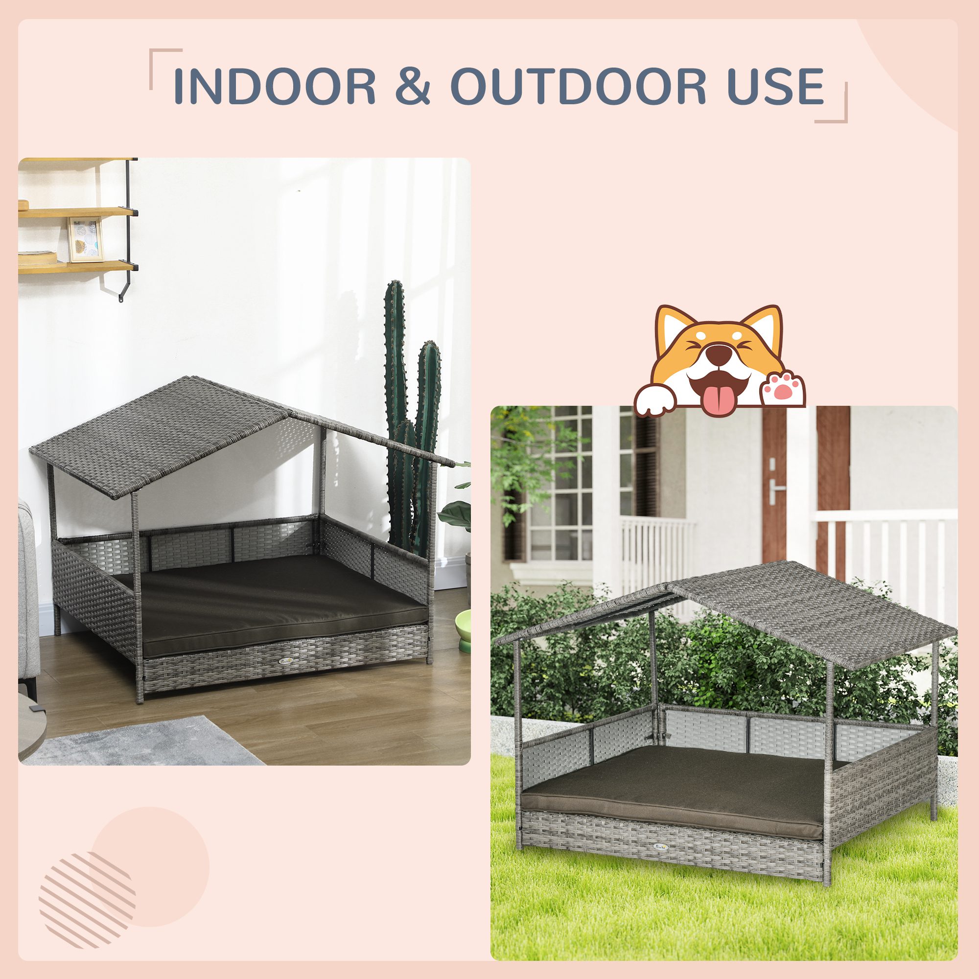 Outdoor Dog Bed with Canopy, Rattan Dog Bed with Soft Cushion Removable Cover for Medium and Large Dogs, Charcoal Gray - Image 2