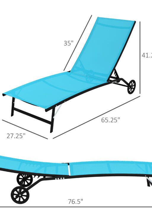2 Piece Outdoor Chaise Lounge Chairs with Wheels, 5 Level Adjustable Backrest for Patio, Beach, Yard, Pool, Blue