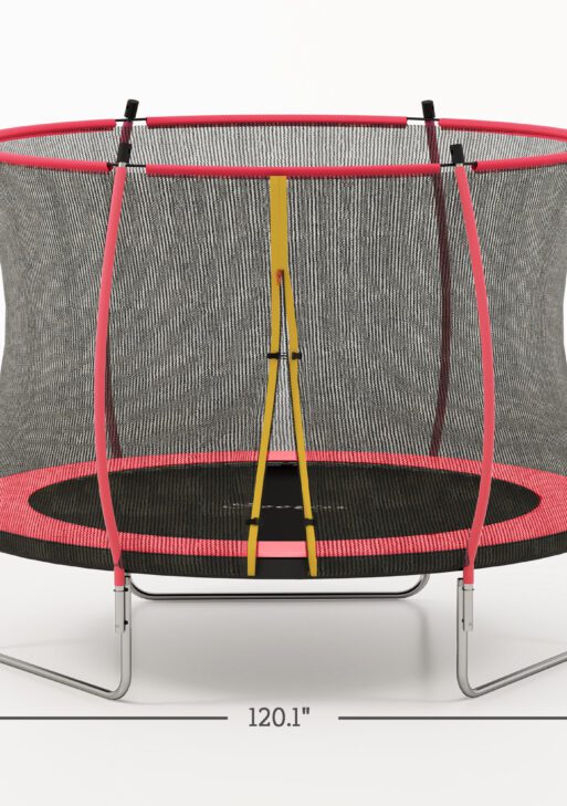 10ft Outdoor Trampoline with Net Enclosure, Curved Poles and Safety Pad, ASTM Approved, Red