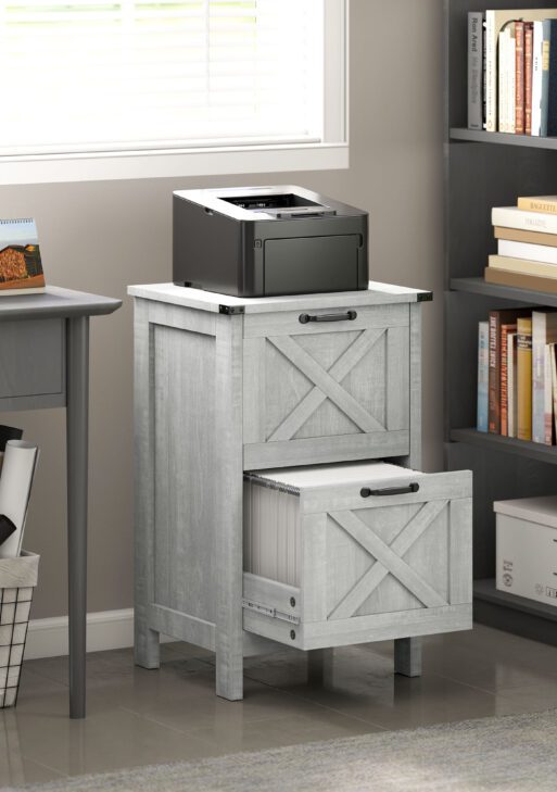 Vertical File Cabinet with 2 Drawers, Rustic Farmhouse Office Storage Cabinet for A4, Letter Size, Distressed Light Gray