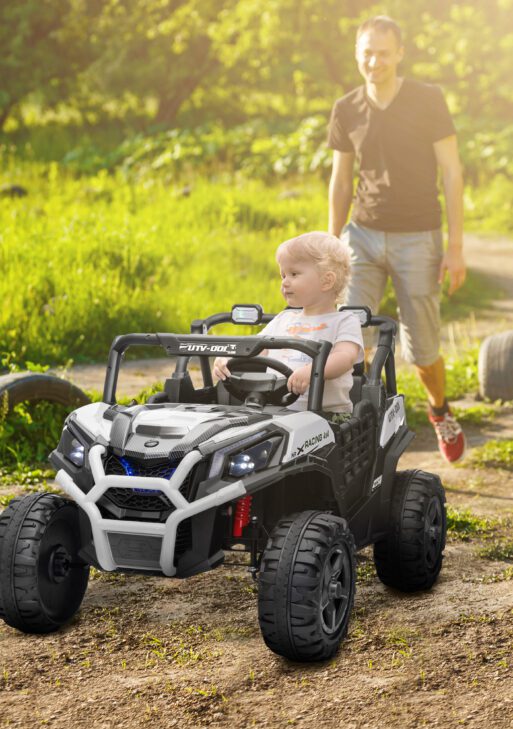 2 Seater 24V Kids Electric Car w/ Remote Control, 3 Speed, LED Lights, Music, Horn, Spring Suspension, Slow Start, White