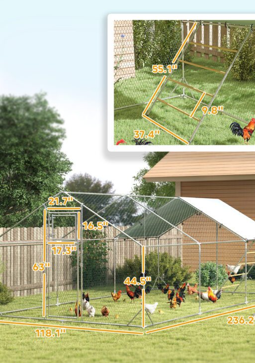 Metal Chicken Run w/ Waterproof & Anti-UV Cover, Feeding Door, Hanging Feeder, for 18-24 Chickens, 9.8' x 19.7' x 6.4'
