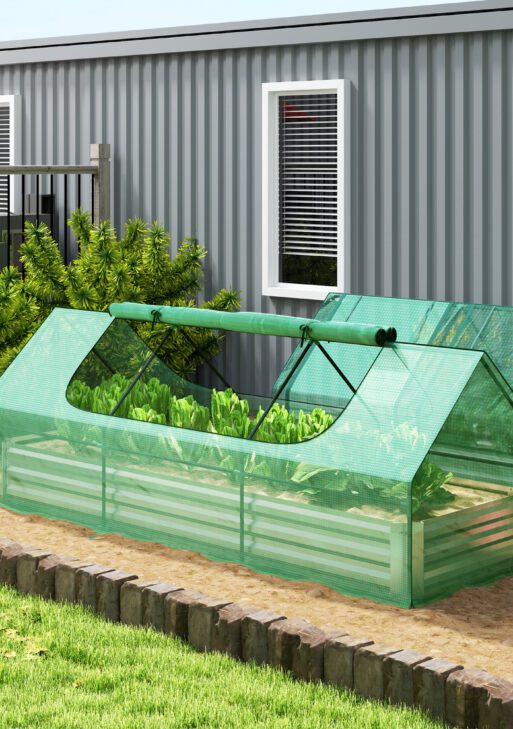 8.6 x 3 x 1ft Raised Garden Bed with Mini Greenhouse, Galvanized Raised Garden Bed with Cover for Herbs and Vegetables, Small Greenhouse for Patio Garden Balcony, Green and Silver