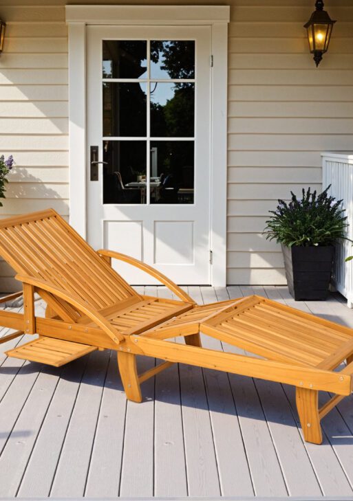 Folding Lounge Chair, 4-Level Adjustable Tanning Chair with Wheels, Acacia Wood Patio Lounger for Beach, Teak