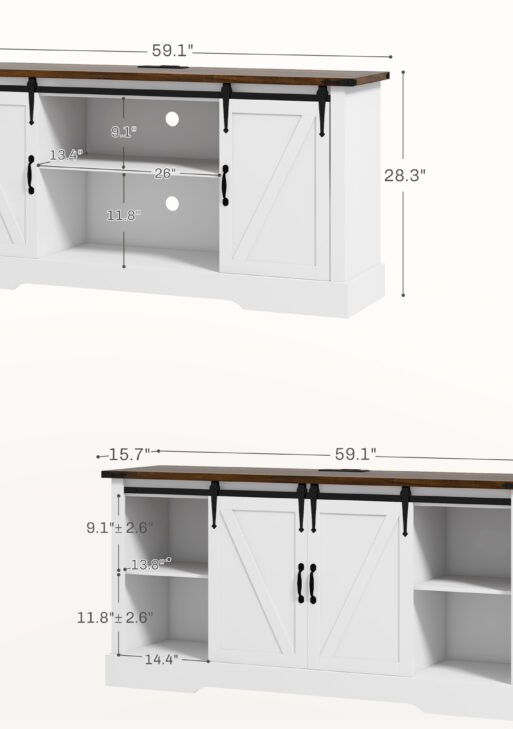 Sideboard with Charging Station, Farmhouse Coffee Bar Cabinet with Sliding Barn Door, TV Stand for TVs Up to 65", White