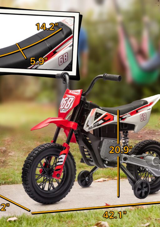 12V Kids Electric Motorcycle w/ Twist Grip Throttle, Training Wheels, Rear Suspension & Music, Red