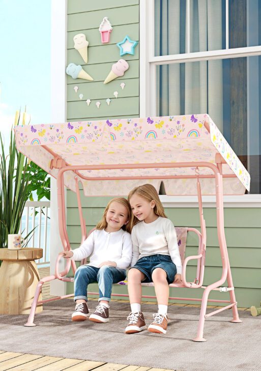 Kids Patio Swing Chair with Adjustable Canopy, Safety Belt for Patio, Garden, Poolside, Balcony, Pink
