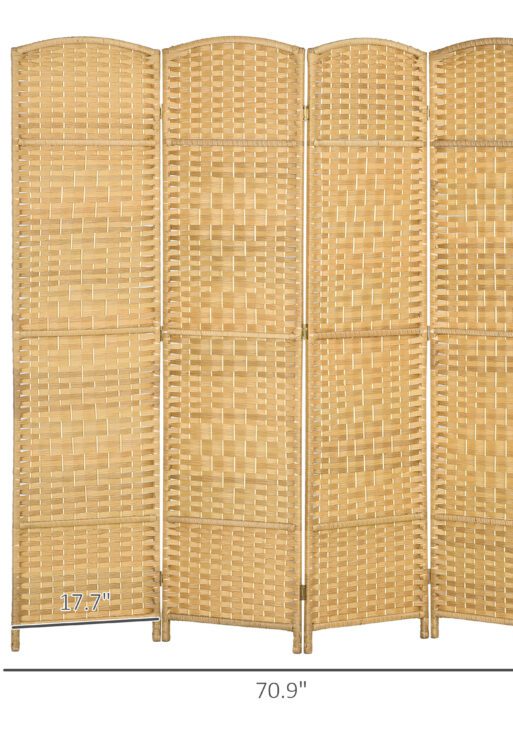 Folding Room Divider Screen 4 Panel 6' Tall Privacy Screen Freestanding Wood Partition for Home Office, Nature Wood