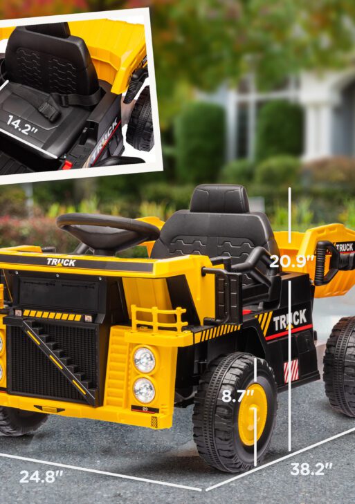 12V Kids Ride on Dump Truck, Electric UTV w/ Electric Dump Bed, Shovel Spring Suspension & Music Player